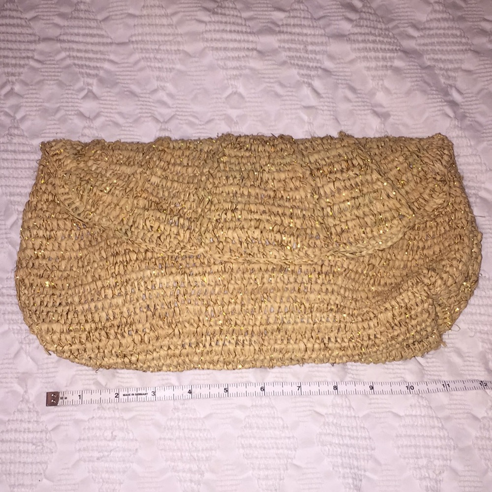 Raffia and gold thread clutch